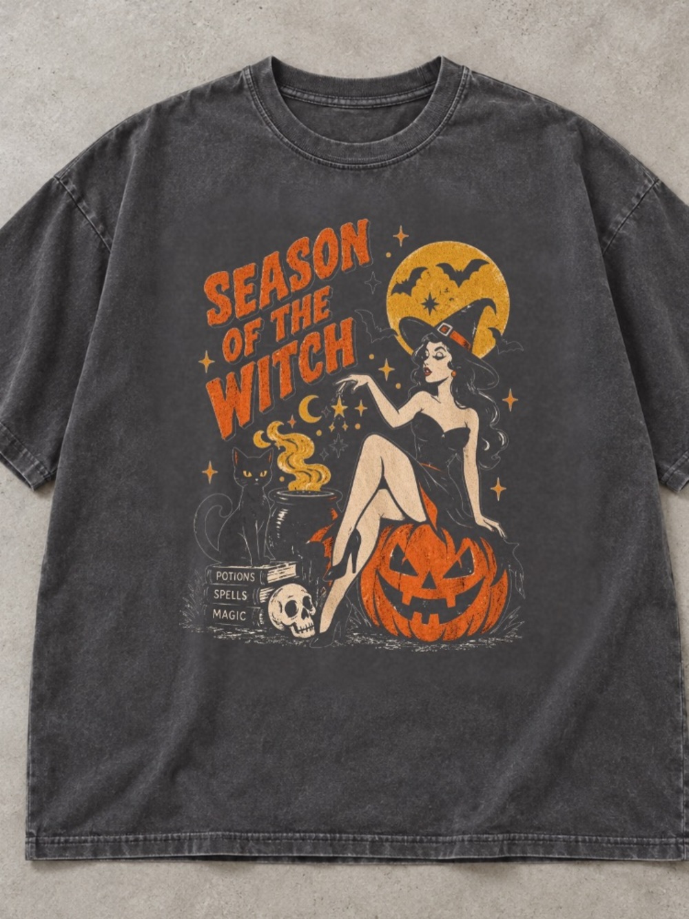 Comfort Colors Halloween Season Of The Witch Pin Up Girl Pumpkin Cat T-Shirt
